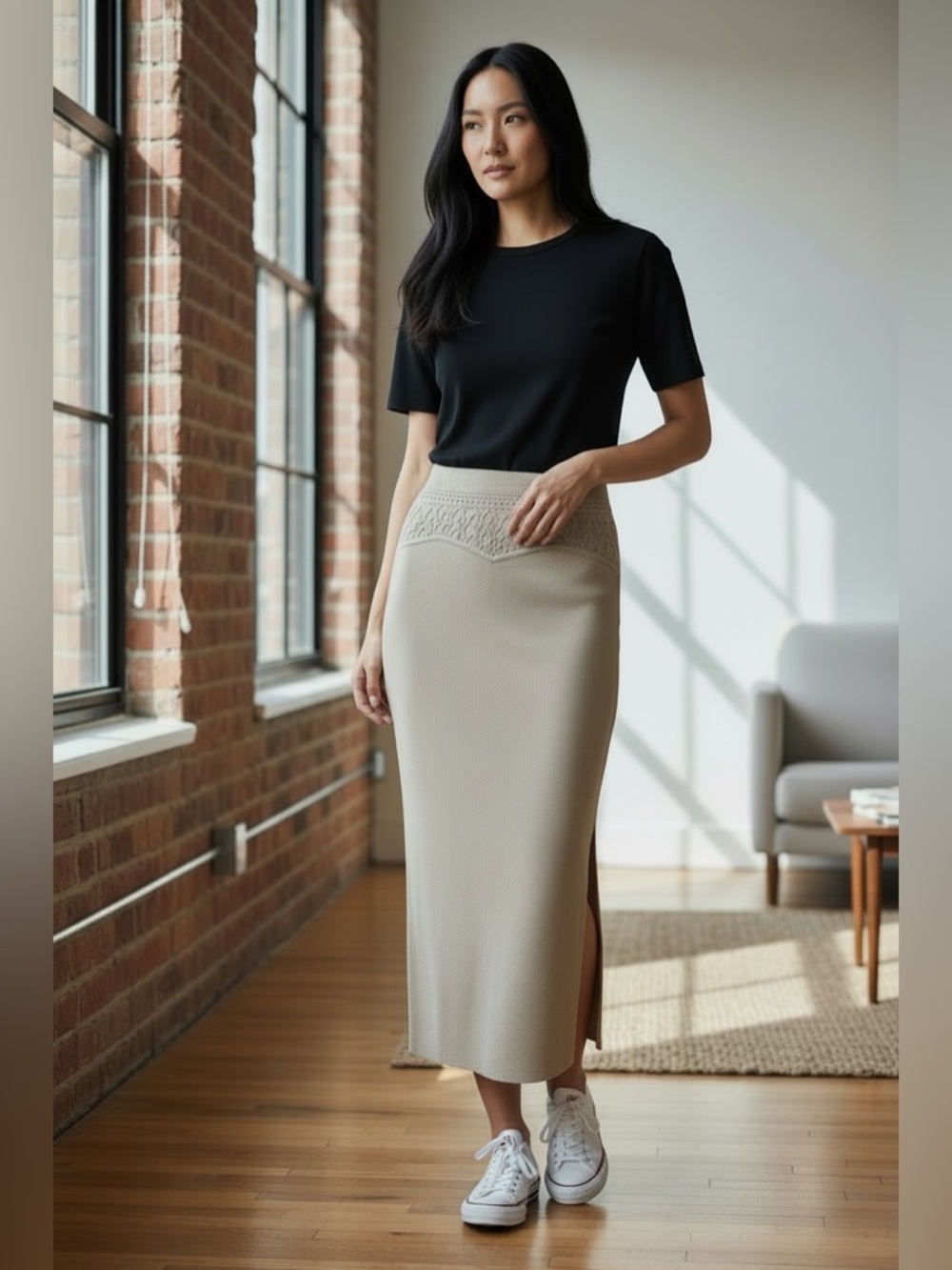 House of Harlow 1960 Beige Knit Midi Skirt Side Slit High Waist Medium
